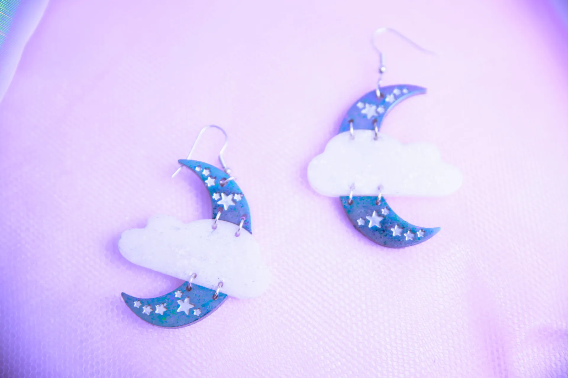 Boucles d'oreilles Lune et Nuage Rose/Bleu/Argent